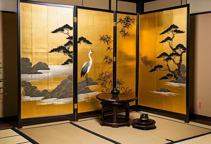 Golden folding screen, crane, in a Japanese-style room, Oda Nobunaga is sitting on the tatami in front of the folding screen.
Best quality, masterpiece, high quality, high resolution, intricate details