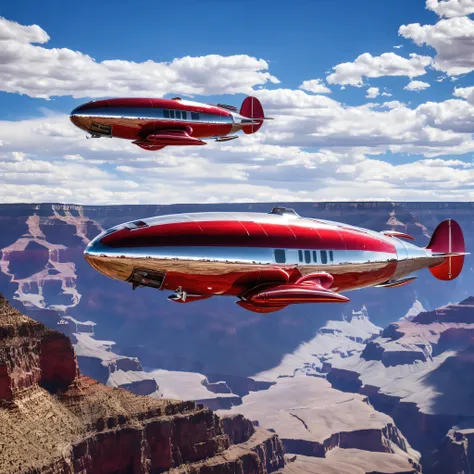 (8k, RAW photo, best quality, masterpiece:1.2), ultra high resolution, A large silver and Red zepplin, flying over the grand canyon, its a sunny day with a few white clouds, there are silver gondolas hanging below the Zepplin,