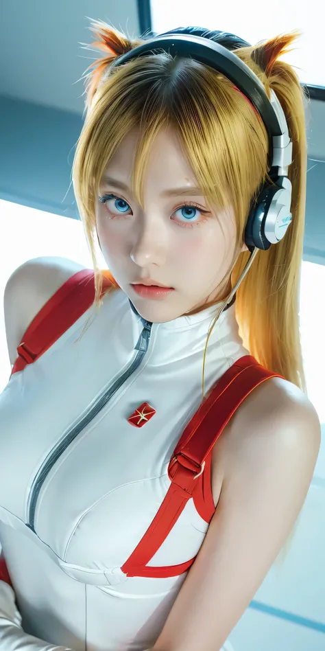 (Overhead view),dynamic angle,ultra-detailed, illustration, close-up, straight on, 1girl, 
 ((souryuu asuka langley, interface headset, red bodysuit:1.4, blonde)),Her eyes shone like dreamy stars,(glowing eyes:1.233),(beautiful and detailed eyes:1.1),(expr...