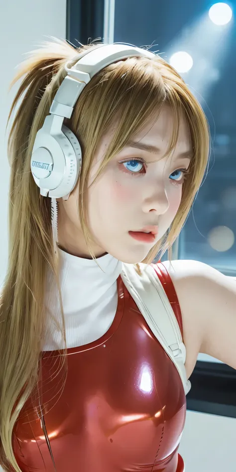 (Overhead view),dynamic angle,ultra-detailed, illustration, close-up, straight on, 1girl, 
 ((souryuu asuka langley, interface headset, red bodysuit:1.4, blonde)),Her eyes shone like dreamy stars,(glowing eyes:1.233),(beautiful and detailed eyes:1.1),(expr...