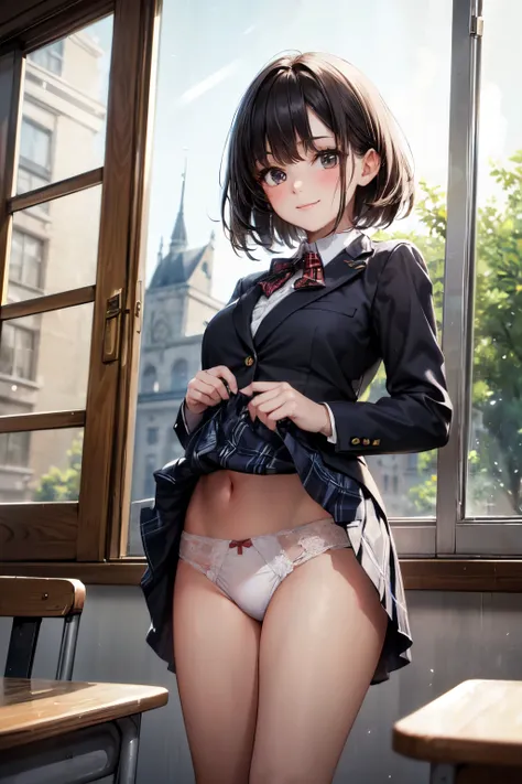 very cute and beautiful girl,(highly detailed beautiful face), (smile),blush,black hair,blazer uniform,ribbon,(pleated plaid mini skirt),standing,skirt lift,(white panties), wooden classroom,window,distant trees and town, (best quality,masterpiece:1.0),abs...