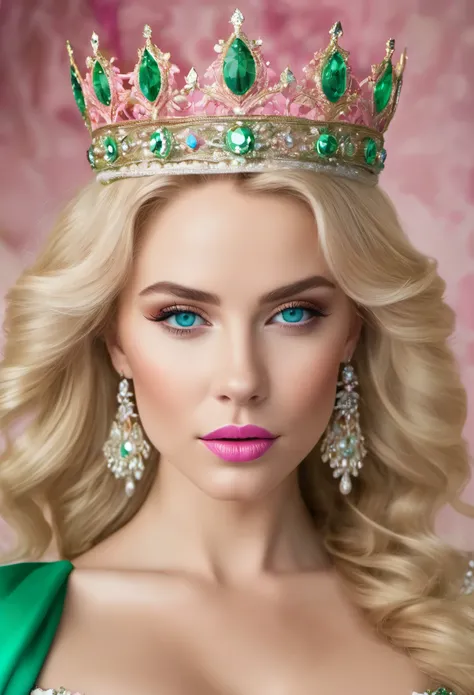 A beautiful queen setting on thron, blue detailed eyes, blonde detailed hair, pink jusice lips, wearing crown, beautiful white and green dress. ((sexy appearance))