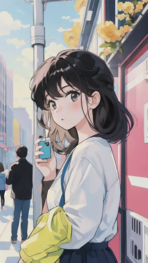 a girl looking at iPhone, waiting for the reply from a guy who she is interested in, city pop, white and black, nostalgic, a girl who fall in love with him, sunny day