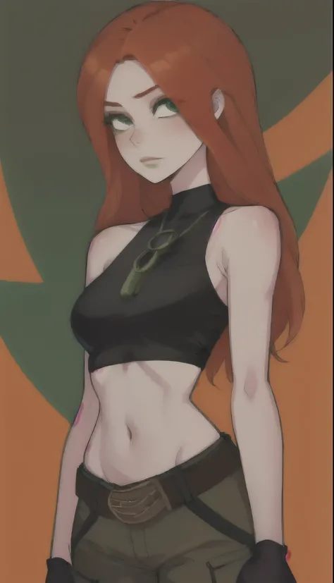 1 girl, (Cartoon:1.3), detailed eyes, looking at viewer Orange-red hair, green eyes, confident expression, black crop top, black gloves, brown belt, green cargo pants, Pale skin, Thin eyebrows