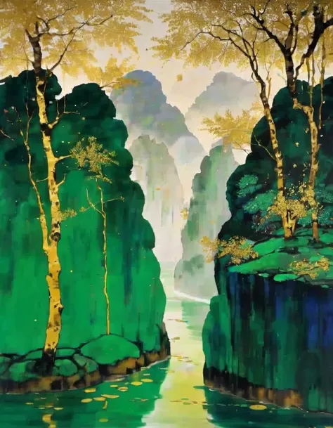 Gold Leaf Art，in style of Wu Guanzhong，A Thousand Miles of Rivers and Mountains，Use Azurite、Stone green coloring，Makes the rocks look heavy、Green，Bright picture、Richly，Strong color、brilliant。Sometimes the outlines of rocks are outlined with gold，Increase t...