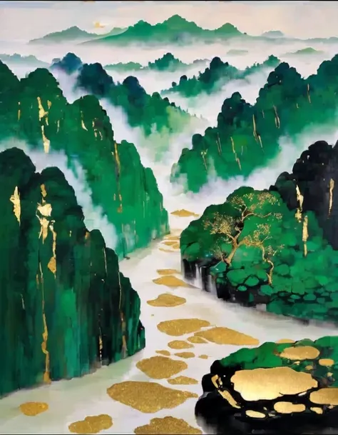 gold leaf art，in style of wu guanzhong，a thousand miles of rivers and mountains，use azurite、stone green coloring，makes the rocks...