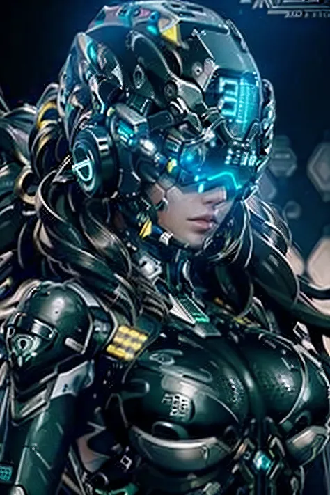 ((Mejor calidad)), ((obra maestra)), (muy detallado:1.3), 3d,rfktr_tecnotrex, hermosa mujer cyberpunk con cabello voluminoso,(use a head-mounted display that is thick and high-tech:1.2),hackear una terminal de computadora,computer servers, pantallas LCD, f...