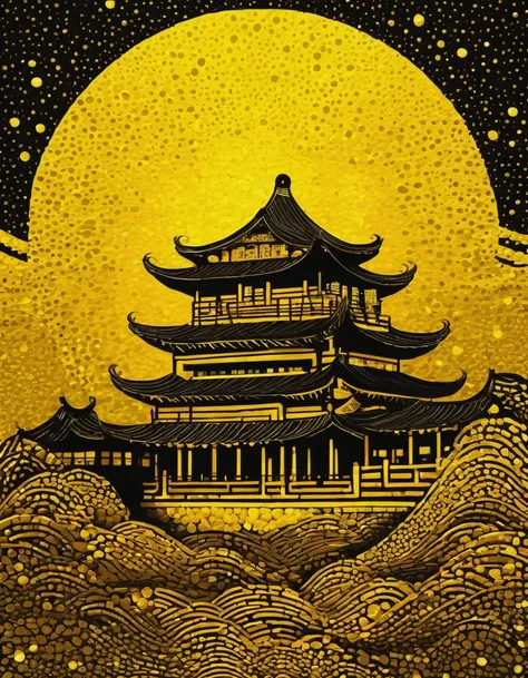 Pointillism expressionism Chinese style ancient architectural complex, Gold foil art，in the style of whimsical abstract landscapes, dark yellow and black, digital illustration, bold, dramatic forms, high-contrast, tumblewave，bright textured layered depth