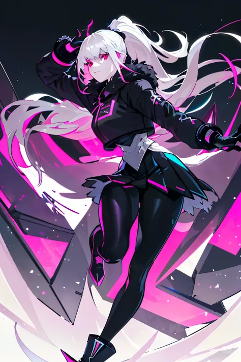 (art, best quality, ultra-detailed, high contrast)
1 woman (Alone, full body, plus size body, standing on the edge of a towering skyscraper, silver hair flowing in the wind, a long, flowing ponytail, broken ruby red eyes reflecting the neon city lights, le...