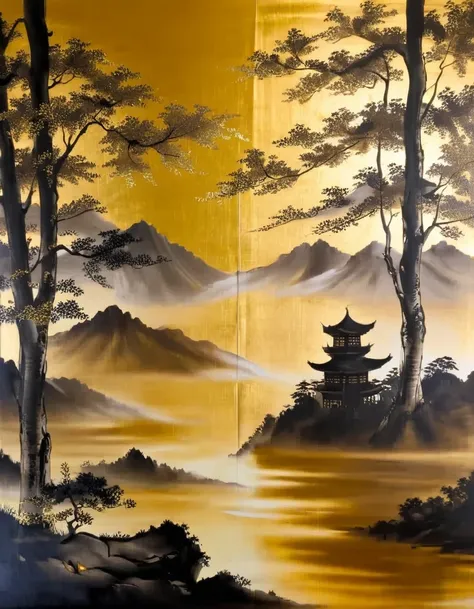 gold leaf art，gold leaf ancient tree screen，combining scrolls and screens,become a large-scale &quot;double-screen landscape&quo...