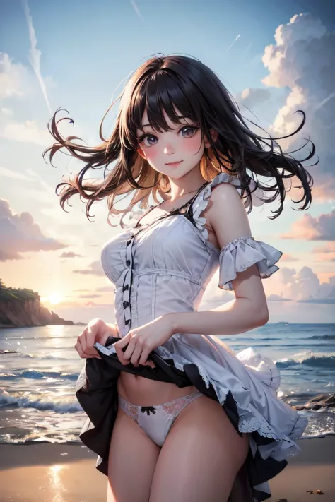 very cute and beautiful girl,frilled white summer dress with detailed lace,(highly detailed beautiful face),
(smile),blush,black hair,looking at viewer,cowboy shot,(skirt lift,white panties),
beach,distant rugged cliffs,
(best quality,masterpiece:1.0),absu...