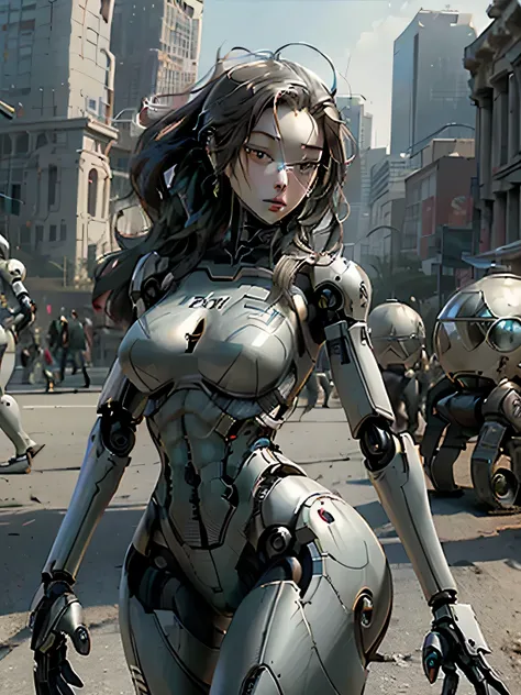 (Female Robocop: 1.0), Beautiful and detailed face with expressive features, (Slender body: 1.2), Slim waist and hourglass figure, (Large breast: 1.2), Thin thigh, (Realistic robot: 1.7), Wearing a fitted exoskeleton, (Skinny body: 1.0), Muscular build, (F...