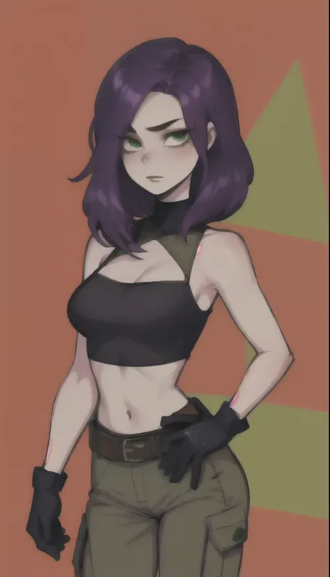 1 girl, (Cartoon:1.3), detailed eyes, looking at viewer purple hair, green eyes, confident expression, black crop top, black gloves, brown belt, green cargo pants, Pale skin, Thin eyebrows, ass