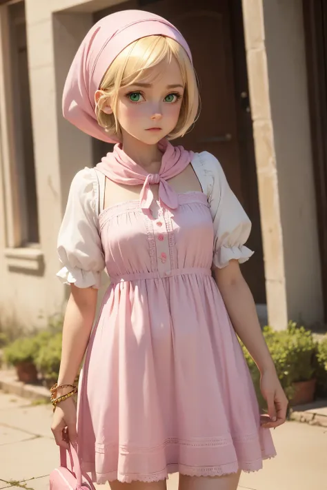 Girl, green eyes, short blond hair, head scarf, pink dress, Masha, Masha from the cartoon Masha and the Bear, age 18, pink dress and loose white clothes underneath, loose white clothes under the dress