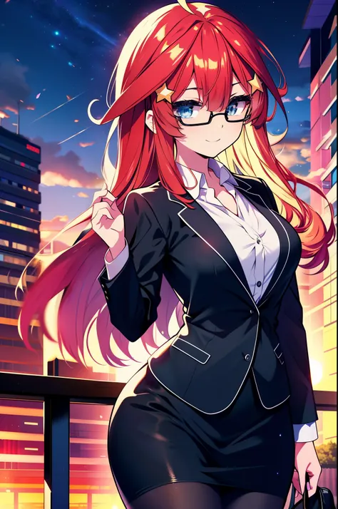 itsukinakano, itsuki nakano, bangs, blue eyes, hair between eyes, Ahoge, redhead, star (symbol), hair ornaments, star hair ornaments,happy smile, smile, open your mouth,OL, Akagi glasses,black suit jacket, collared jacket, white dress shirt, collared shirt...