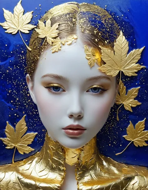 Gold Leaf Art/gold leaf art，girl，Translucent gold foil and Klein blue，in style of Barbara Takenaga