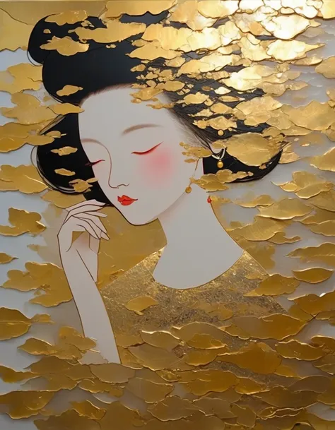 Gold Leaf Art/gold leaf art，girl，translucent，in style of Wu Guanzhong，in style of Barbara Takenaga