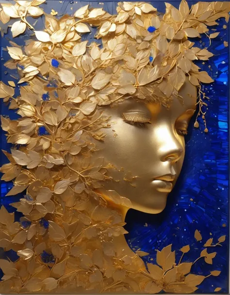 Gold Leaf Art/gold leaf art，girl，translucent，Gold Leaf and Klein Blue，in style of Barbara Takenaga