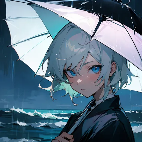 Takanori Iwata, platinum blonde hair, ocean blue eyes, holding a black umbrella, rain, night, straight gaze, and firm