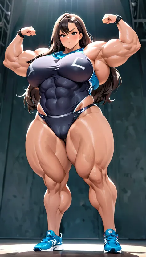 (very big woman, strong, muscular, abs, thick legs, thick arms, big shoulders, abs, leotard),full shot, gut shot