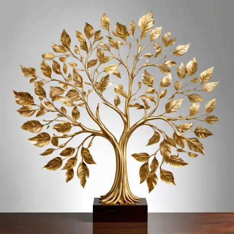 (Gold Leaf Art),This picture captivates with its portrayal of an exquisite golden ornament, resembling the shape of a majestic tree. The trunk, exuding a deep brown hue, stands steadfastly, embodying a sense of solidity and endurance. However, its the bran...