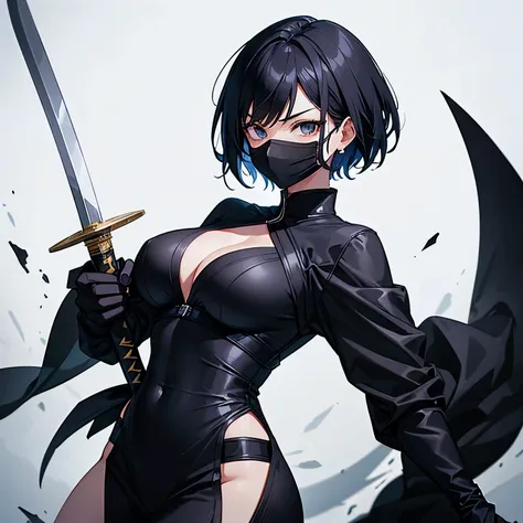 A woman wearing a ninja outfit, a black mask, and short hair, holding a sharp silver Japanese sword