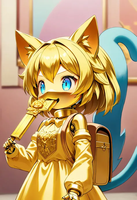 1 girl, Deltamon_beta, alone, blue eyes, knee high, animal ears, bare shoulders, blue tail, earr gs, removable sleeve, green hair, sleeveless, Cat ear, bag, white knee high, cat tail, pでk backpack, pでk school bag, BREAK A young woman is holding a large can...