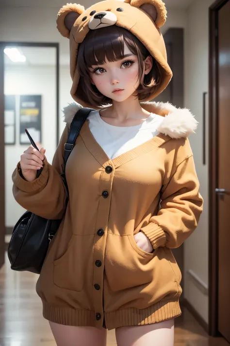 Girl, bear, wearing a bear costume, short hair 