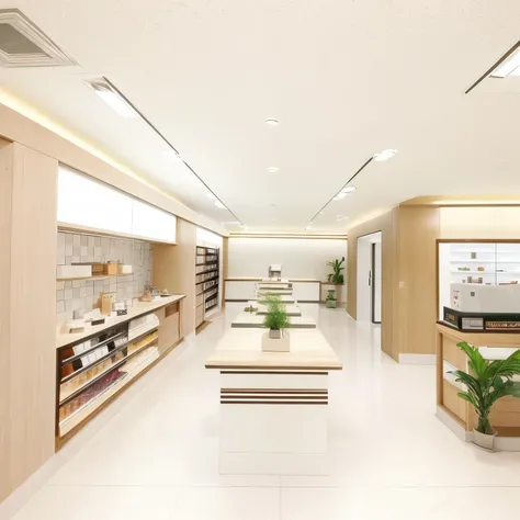 There is an optical shop，Equipped with center island and dining table, Showroom scene, Jia, shop, high detailed shop, 3D ios room photos, convenience shop, Capsule hotel, official shop photo, counter, author：Matsumoto Daiyo, Rendering in Enscape, Clean med...