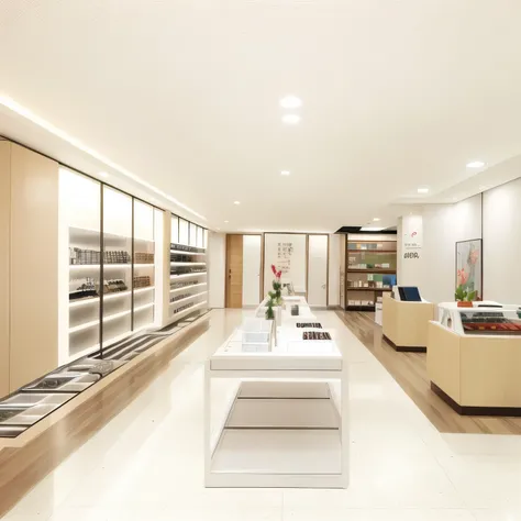 There is an optical shop，Equipped with center island and dining table, Showroom scene, Jia, shop, high detailed shop, 3D ios room photos, convenience shop, Capsule hotel, official shop photo, counter, author：Matsumoto Daiyo, Rendering in Enscape, Clean med...