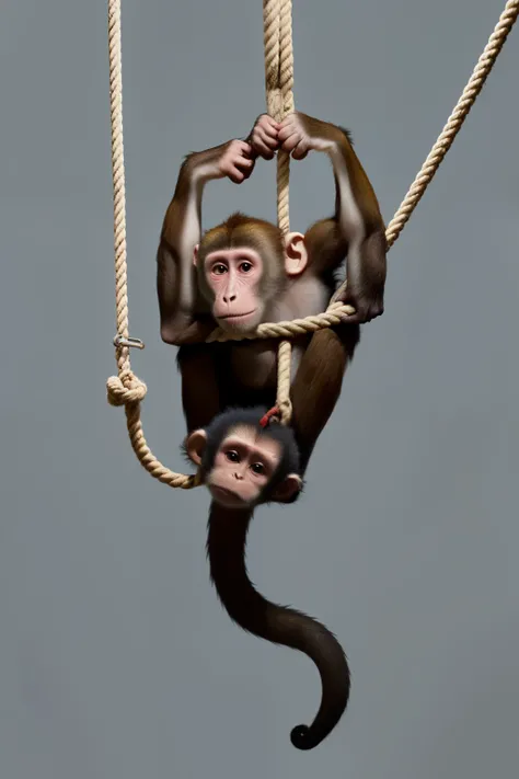 Monkey hanging on a rope with one hand，The tail hooks the rope，It faces to the right，Reach your hand to the right