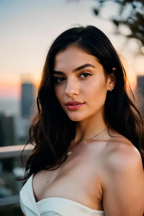 Standing in the party with white sexy dress. Black hair. Pink lipstic. At 25 years old, her natural wavy locks cascade around her, complementing her enchanting brown eyes and flawless figure. The photograph, expertly captured with Canons 85mm lens and 4K r...