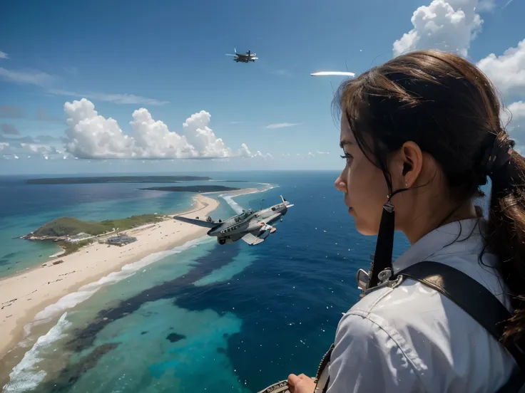 (best quality,4k,8k,highres,masterpiece:1.2),ultra-detailed,(realistic,photorealistic,photo-realistic:1.37),a detailed portrayal of a scene with an American F4U Corsair shooting down a Japanese Mitsubishi A6M5 Zero above a Pacific island, the Japanese airc...