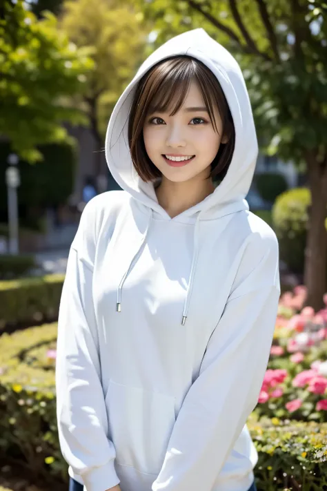 (((garden:1.3, Photographed from the front))), ((medium bob:1.3, great style:1.2, smile:1.2, White hoodie, japanese woman, cute)), (clean, natural makeup), (highest quality, masterpiece:1.3, 超High resolution), (Super detailed, caustics), (realistic:1.4, RA...