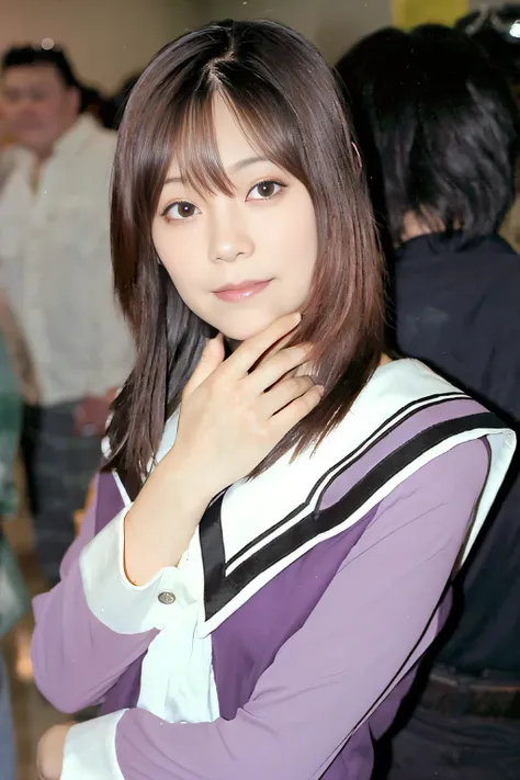 A woman in her fifties taking a photo wearing a purple and white shirt, Aya Takano, Chiho, ayami kojima amano, akiko takase, Narumi Kakinouchi, yuuka kazami, motto hole, Ayaka, yasumoto oka, iwakura lain, Aya Takano color style