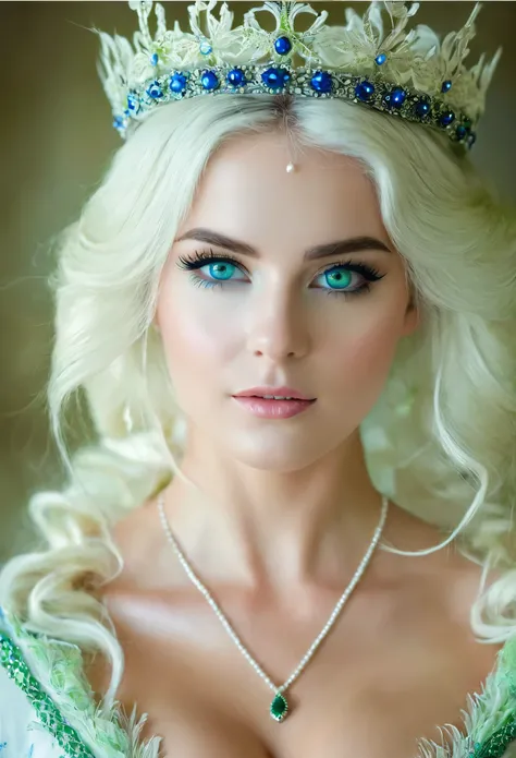 Beautiful queen, wearing crown, blue detailed Beautiful eyes, white skin white face, green and white dress, sexy expression, cleavage 