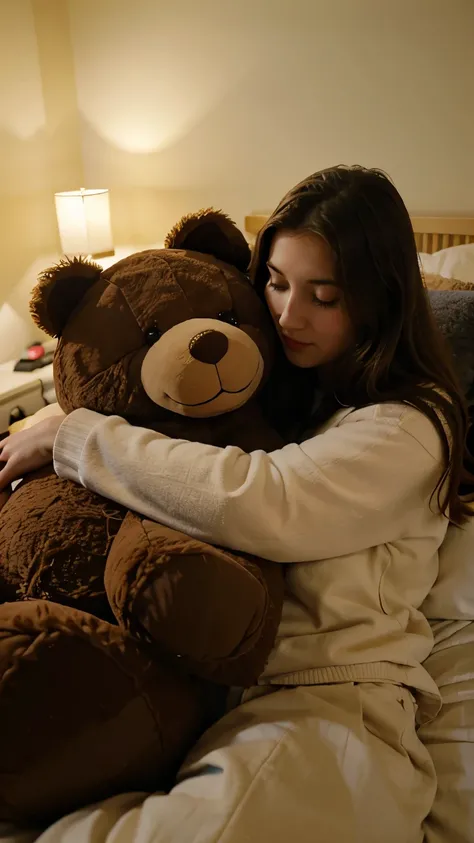 A beautiful 25 year old girl, fast asleep in her room while hugging a large teddy bear