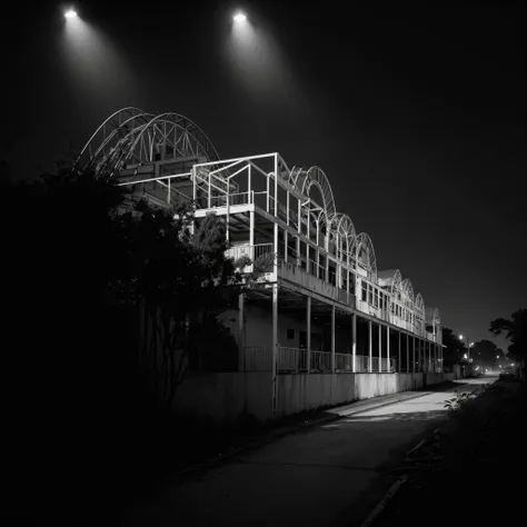 Black and White Photography、high contrast、Photo taken with an infrared filter、realistic, surreal, cinematic lighting, 32k, 1 Female Backlight, (bright light:1.2), (Improvement of quality:1.4), matte texture、ruins、Abandoned amusement park、roller coaster、att...