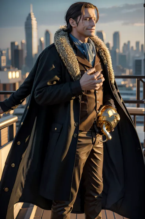 masterpiece, best quality, extremely detailed, hyperrealistic, photorealistic, a cool 40s man, ultra detailed face:1.2, fur-trimmed coat, scarf around the neck, his left hand is a golden pirate hook:1.1, cityscape from rooftop, in the night:1.1, sly smile
