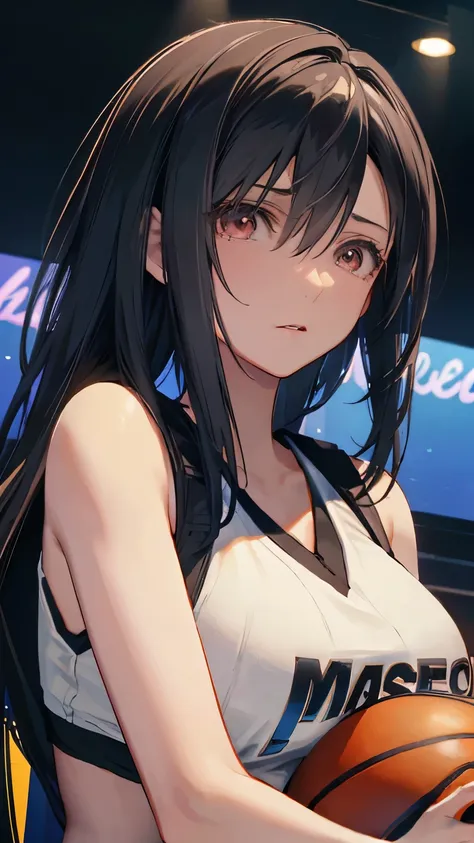 (((Best quality, 8k, Masterpiece: 1.3)), ((best quality)), ((masterpiece)), (detailed), perfect face, (female professional basketball player), (hit a three-pointer), shiny sweat, (black hair,) Serious eyes concentrating on the game, Shows the whole body