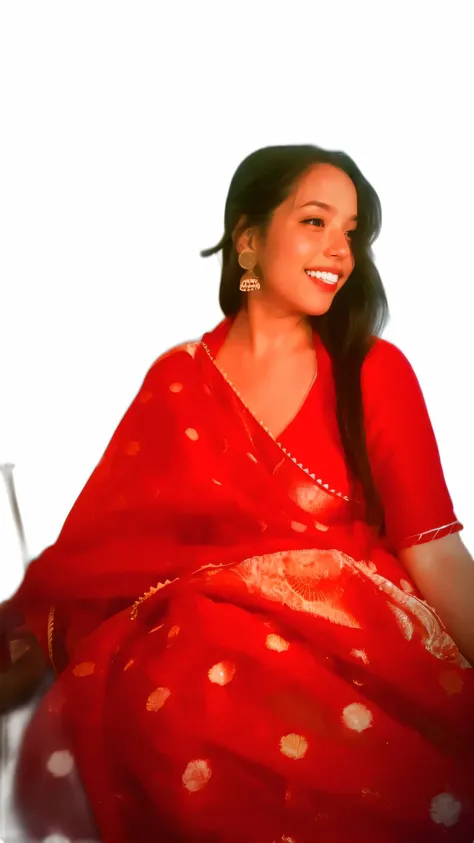 smiling woman in red sari sitting on a chair with a laptop, dressed in a sari, sari, inspired by T. K. Padmini, wearing a sari, wearing bihu dress mekhela sador, in red background, wearing sari, with a beautifull smile, leaked image, with an elegant smile,...