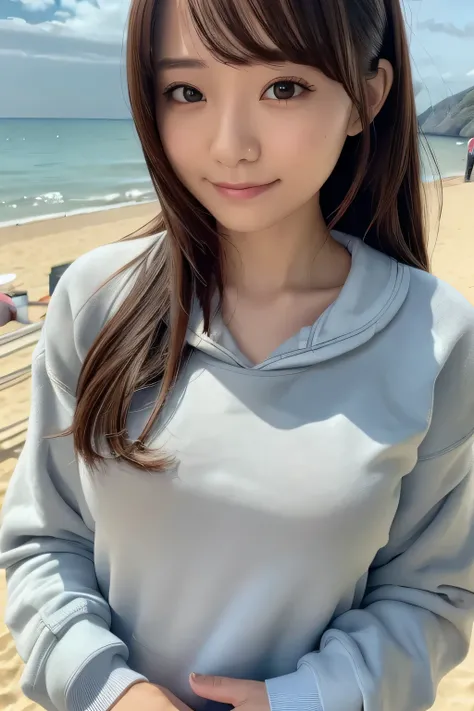 1 girl, beautiful, cute, professional lighting, highest quality,well-groomed face,(sweat shirt:1.5),long hair, (clear:1.2), beautiful,(beach:1.5)