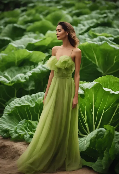 On green meadows，A stunningly beautiful couple in their 20s，They are mixed with Chinese，sweet smile，Look straight ahead。（Model wearing a dress made from real green cabbage），The dress made of green cabbage leaves is shaped like a waterfall（Clothes made of g...