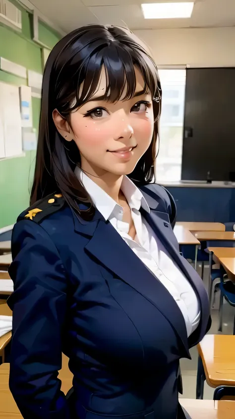 arafed asian woman in uniform posing for a picture in a classroom, wearing headmistress uniform, jk uniform, seifuku, misato kat...