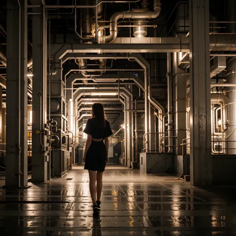 realistic, surreal, cinematic lighting, 32k, 1 Female Backlight, (bright light:1.2), (Improvement of quality:1.4), matte texture、Heavy Chemical Industry Plant、Oil Refinery、late night、Inside the facility、A  is standing in front of me, looking up at me.、eye ...