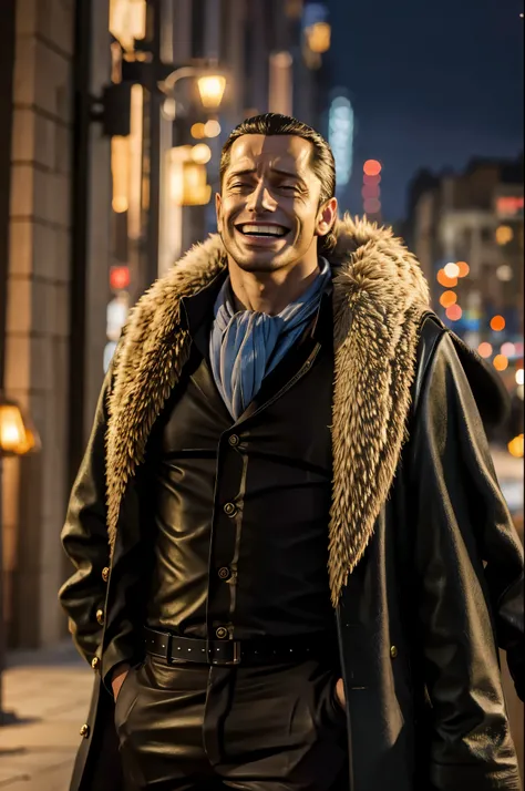 masterpiece, best quality, extremely detailed, hyperrealistic, photorealistic, a cool 40s man, ultra detailed face:1.2, fur-trimmed coat, scarf around the neck, his left hand is a golden pirate hook:1.1, cityscape, in the night:1.1, laughing
