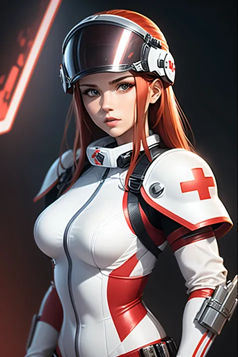 Adult female with athletic build, shoulder-length red hair, wearing white metal combat armor and a white metal catsuit with a metal utility belt, white metal gloves, the word "mendy" on the chest, a medic red cross emblem on the chest, a professional-looki...