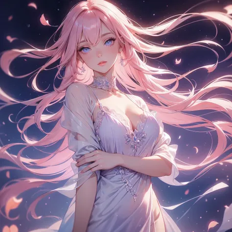 A beautiful woman with peach pink hair, soft blue eyes that sparkled with a slight purple hue, clam and noble also sly, 28 years old, wearing a little sexy, long, luxurious , white,no-sleeved nightgown. The background is at night.