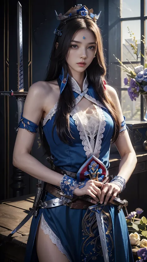 model shoot,1 girl, (innocent face:1.4), long hair, (fantasy Assassin:1.5), blue outfit, lace:1.5, (crown:1.5), (flower:1.5), hyper realistic, super detailed, Dynamic shot, masterpiece, scene sharp détails, perfect eyes, perfect skin, (assassin sword:1.5),...