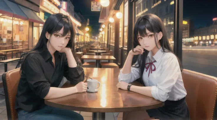 realistic,((highest quality)),(masterpiece),(super detailed),(ultra high resolution),(POV shot across the table),(arm support),(Armrest),At the window,1 girl,black hair,long hair,Distracting,sitting,collared shirt,night,Cafe,look away,neon light,Street Spa...